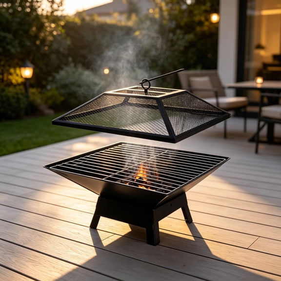 Portable Square Wood-Burning Fire Pit with BBQ Grill Function