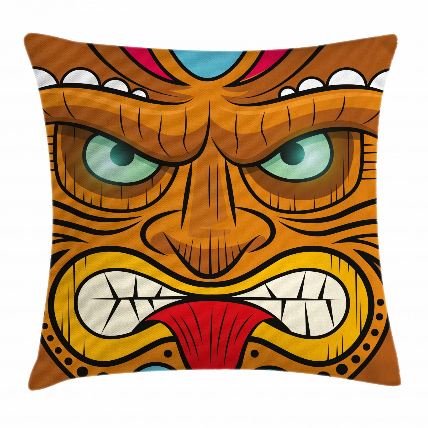 Tiki Bar Decor Throw Pillow Cushion Cover, Cartoon Style Angry Looking