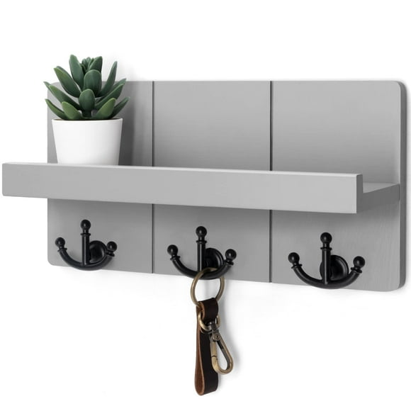 Rebee Vision Porte-Clés Décoratif Mural : Organisateur de Courrier de Ferme Élégant avec Étagère Flottante et 3 Crochets à Clés - Décoration Rustique pour Entrée (Gris Clair)