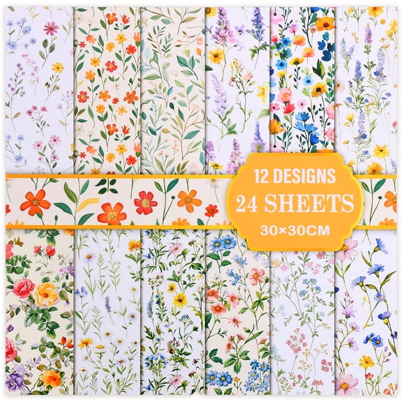 Threns 24 Sheets Flower Scrapbook Paper,11.8" x 11.8" Double Sided Pattern Decorative Paper,Scrapbook Supplies and Card Making Supplies for DIY Album,Hand Account,Travel Diary Craft Projects