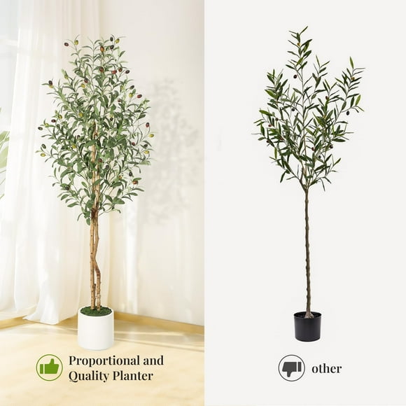 Arbre d'Olivier Artificiel Réaliste, Grand Faux Arbre d'Intérieur avec Deux Troncs en Bois Naturel et Jardinière Verte en Mousse et Blanche, Plante d'Olivier Factice pour la Maison, le Bureau, 7 Pi, 2 Pcs