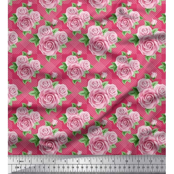 Soimoi Georgette Viscose Fabric Check,Leaves & Rose Floral Print Sewing Fabric Yard 42 Inch Wide