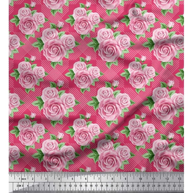Soimoi Polyester Crepe Fabric Check,Leaves & Rose Floral Printed Fabric 1 Yard 42 Inch Wide