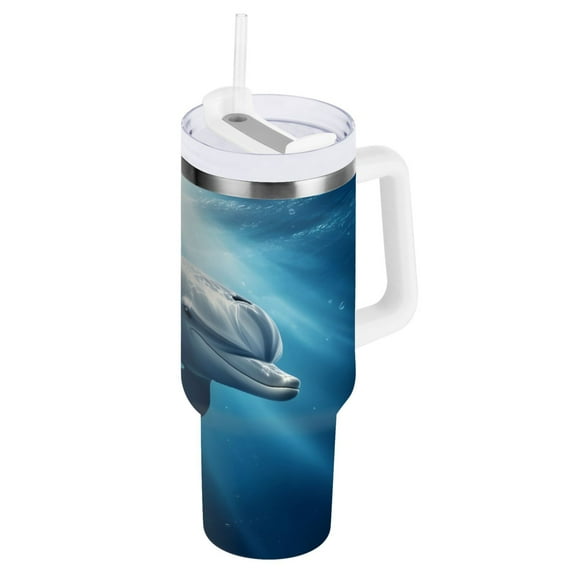 Ryvnso 40 oz Tumbler with Handle and Straw Insulated Stainless Steel Travel Mug with Lid Dolphin in Sea
