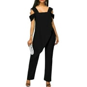 Women's Plus Size Cold Shoulder Rompers Backless Casual Loose Work Jumpsuit