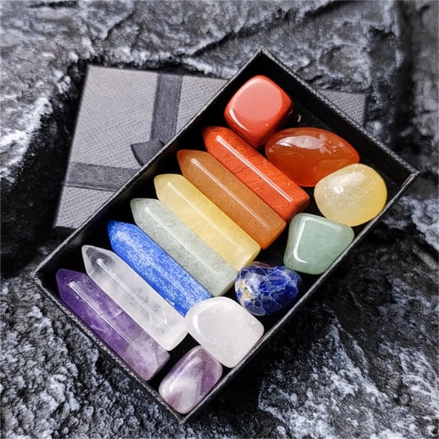 Natural Colorful Mixed Color Hexagonal Column Amethyst Green Gold Dongling Jade Yoga Stone Combination Set