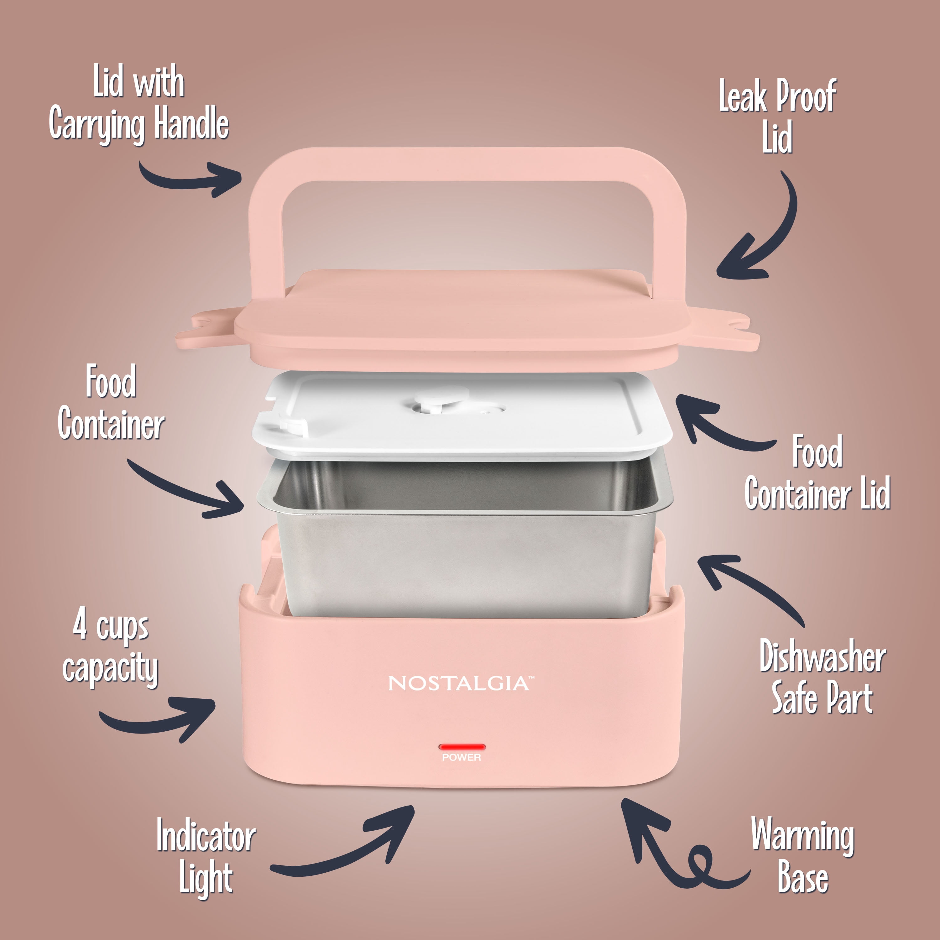 Nostalgia 32 oz Portable Heated Lunch Box with Stainless Steel Lunch Container, Cherry Blossom