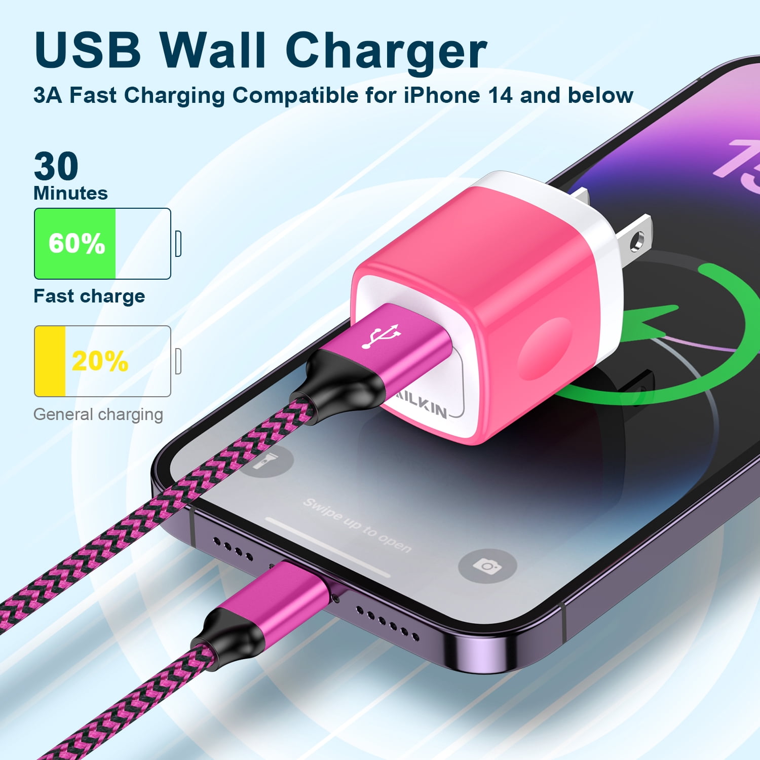Compatible with iPhone Charger Fast Charging AILKIN 3Pack Charger Block with 6ft Cord Charging Block Plug Power USB Wall Charger Adapter Compatible with iPhone 14/13/12/11,Pink