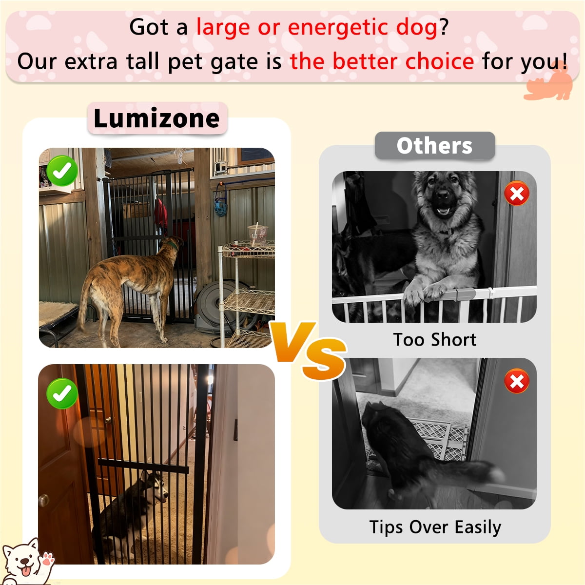 Lumizone Extra Tall Pet Gate 61.02" High Pressure Mounted 34.06"-38.38" Extra Wide 1.37" Gap for Cat Dog Children Stairs Doorway Hallway No Drilling Auto-Close (34.06"-38.38", Black)