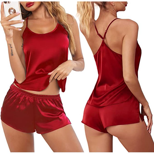 Conjunto de Pijama de satén de encaje para mujer, ropa de dormir Sexy, Tops sin mangas y pantalones cortos, conjuntos de 2 piezas qym unisex