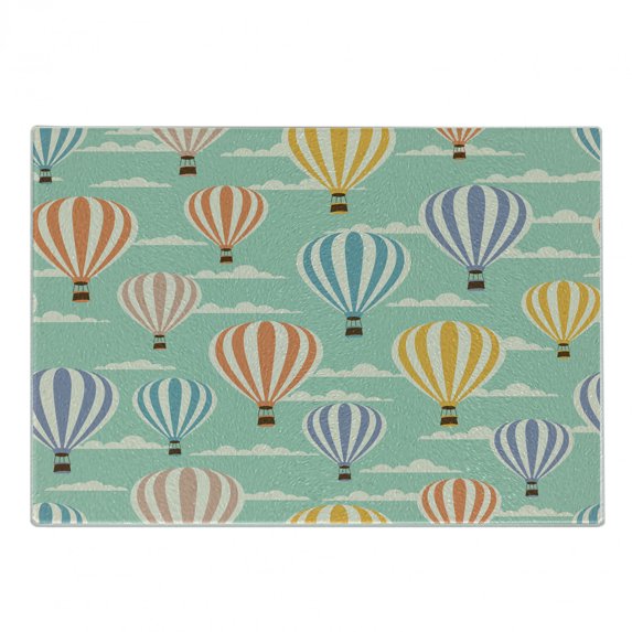 Vintage Cutting Board, Colorful Retro Travel Balloons Texture Cloud Blue Sky Adventure Modern Art, Decorative Tempered Glass Cutting and Serving Board, Small Size, Blue Orange Purple, by Ambesonne