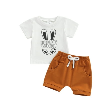 

Meihuida Easter Baby Boys Short Set Short Sleeve Letters Print T-shirt with Elastic Waist Shorts