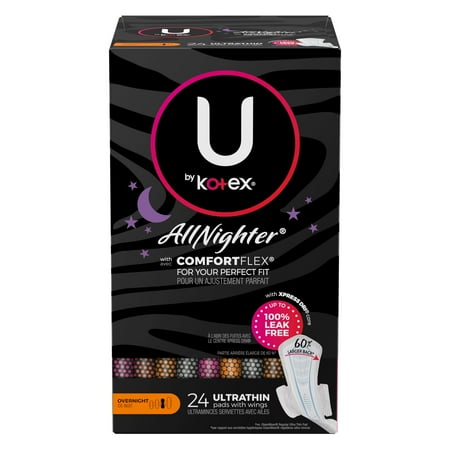 U by Kotex AllNighter Overnight Pads with Wings, Ultra Thin, 24 Count
