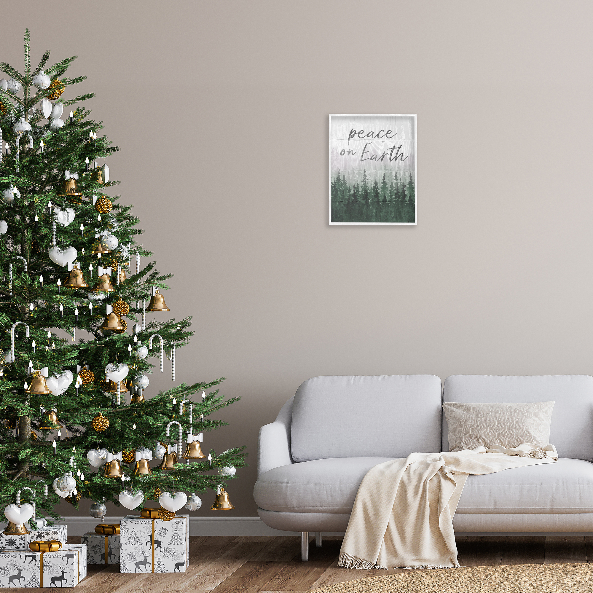 Stupell Industries Rustic Peace on Earth Holiday Painting White Framed Art Prints Wall Art, 16 x 20