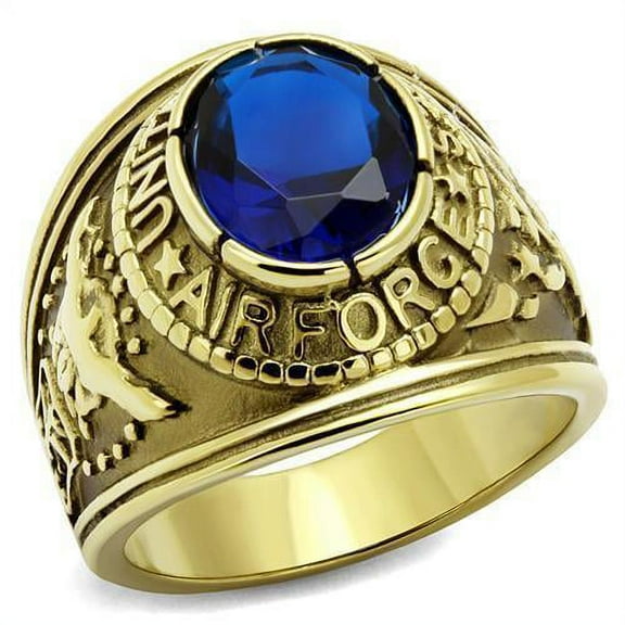 US Air Force Ring for Men and Women Unisex Stainless Steel Military Patriotic Ring in Gold with Blue Stone