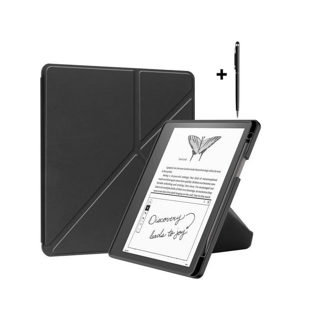 Slim Case for Kindle Scribe 10.2 inch 2022 Released, shown in a black premium leather design with a foldable front cover for multiple viewing angles. The case includes a built-in pen holder and comes with a stylus pen. It features auto wake/sleep functionality, magnetic closure, and 360° full protection against scratches, shocks, and dust. The tablet is displayed in a standing position, highlighting the case's adjustable stand feature.