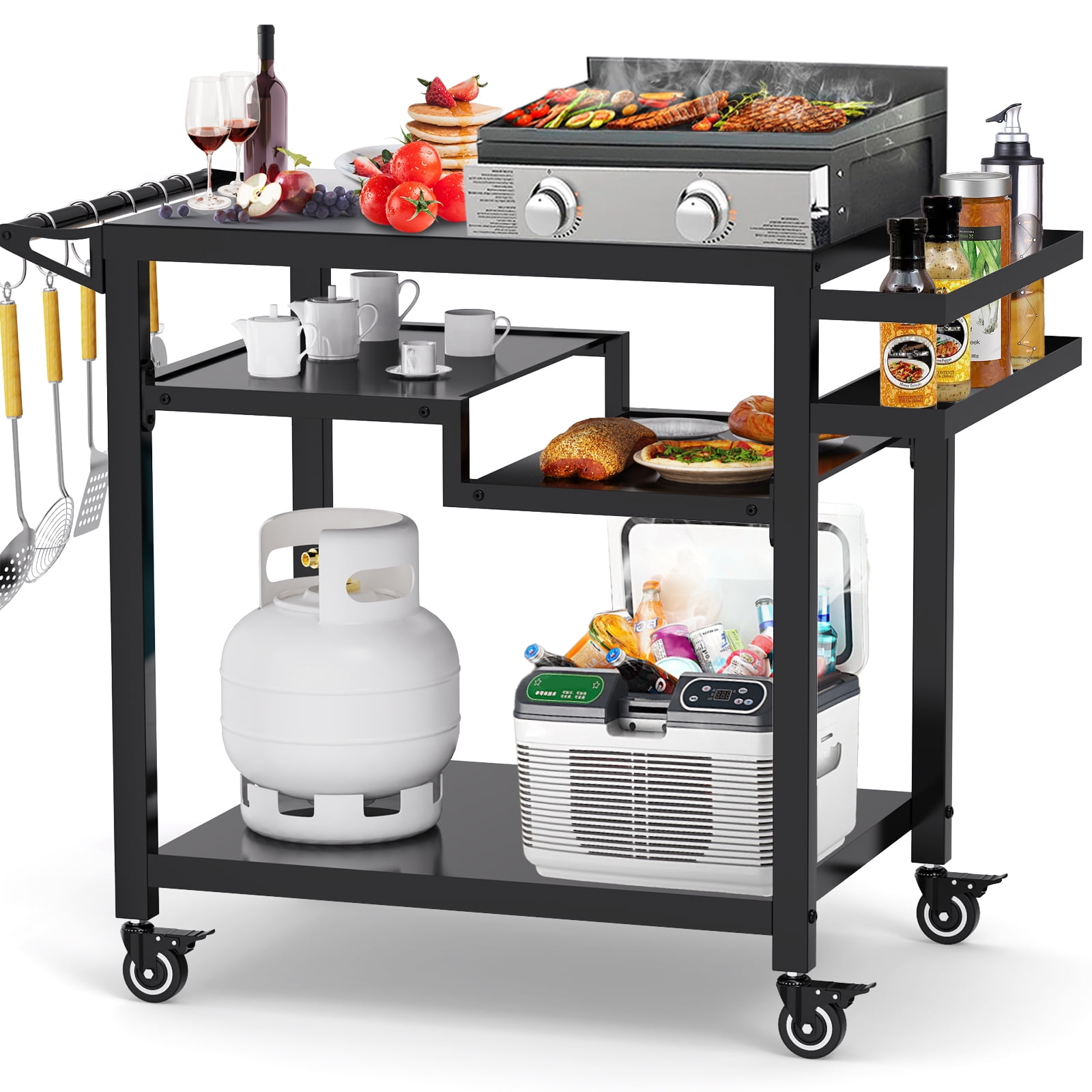 Rolling Grill Table for Blackstone Griddle/Stand, Outdoor BBQ Grill Cart with Wheels, 32"x20", Black