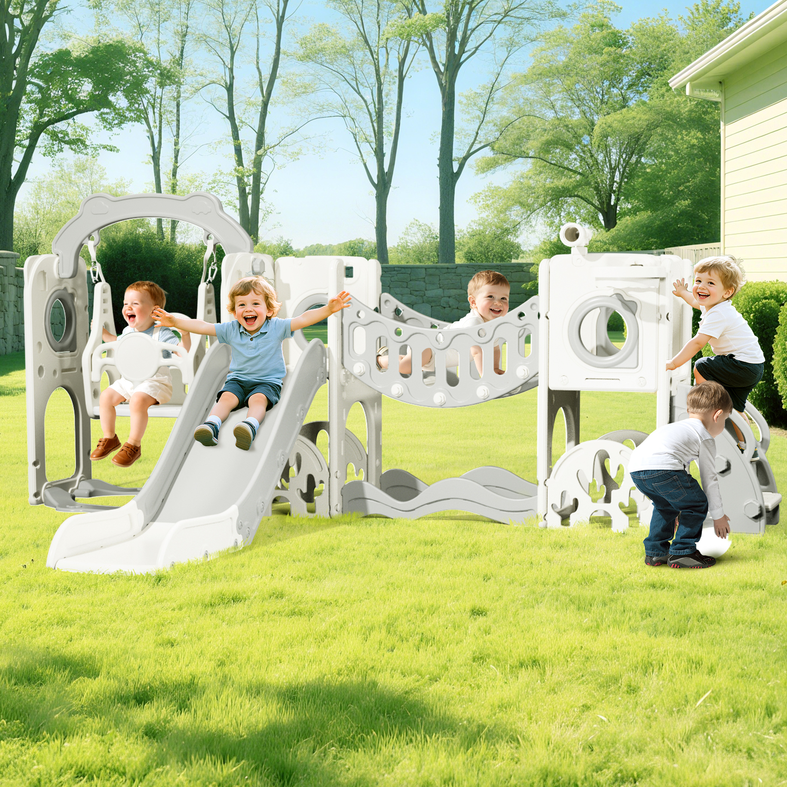 YUFU 12 In 1 Toddler Slide Swing Set, Baby Slide for Age 1+ with Climbing Arch Golf Set Swing Basketball Indoor Outdoor Playground Slide(Gray)