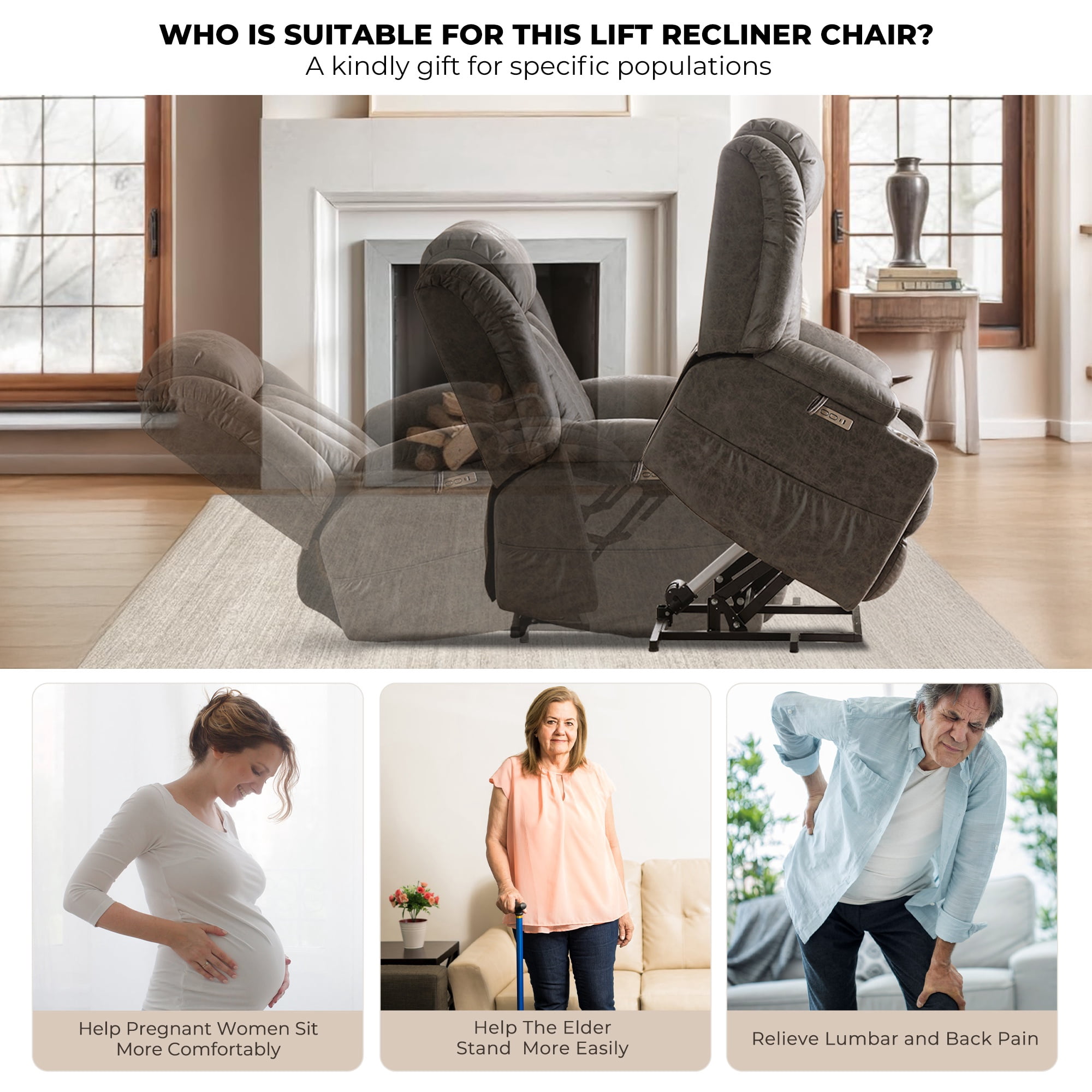 JULY'S SONG Large Power Recliner Chair with Massage and Heat, Overstuffed Wide lift chairs for elderly , Electric Oversized Recliners for Adults, Vegan Leather Grey