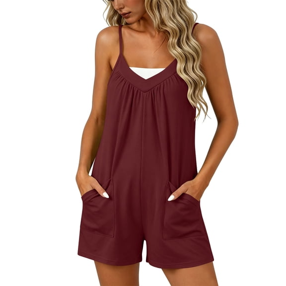 TEAJOPSUU Women's Boho Rompers Sleeveless V Neck Adjustable Spaghetti Straps Rompers Loose Fit Summer Daily Short Jumpsuit Red