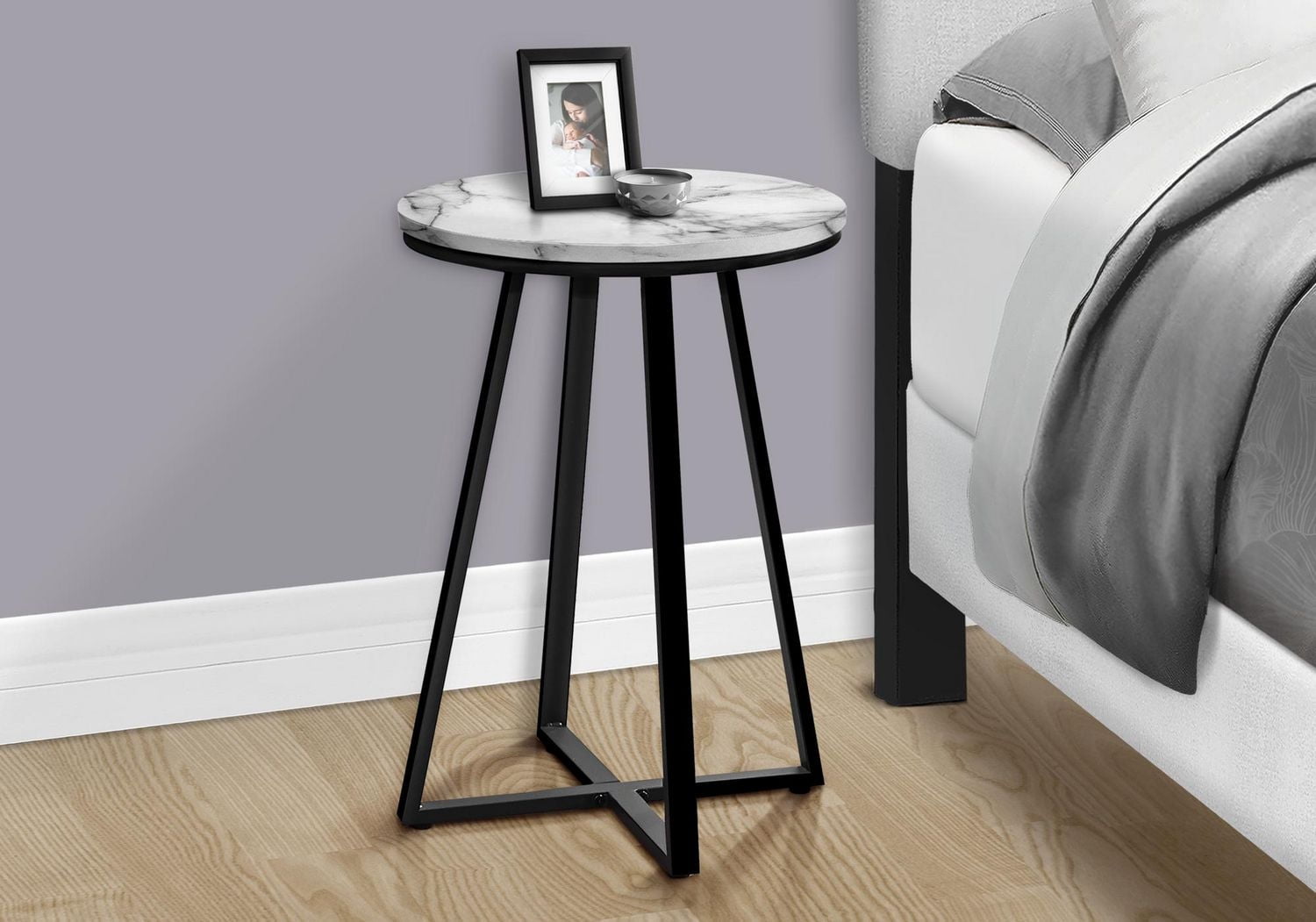 Monarch Specialties Accent Table, Side, Round, End, Nightstand, Lamp, Living Room, Bedroom, White Marble Look Laminate, Black Metal, Contemporary, Modern