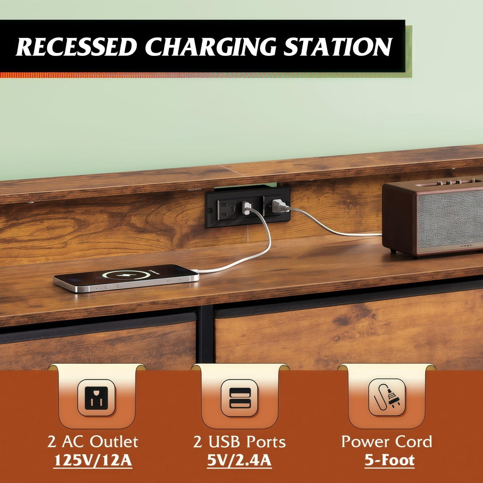 BEAUTYPEAK TV Stand Dresser with 9 Fabric Drawers LED Light AC USB-C Charging Station, Rustic Brown