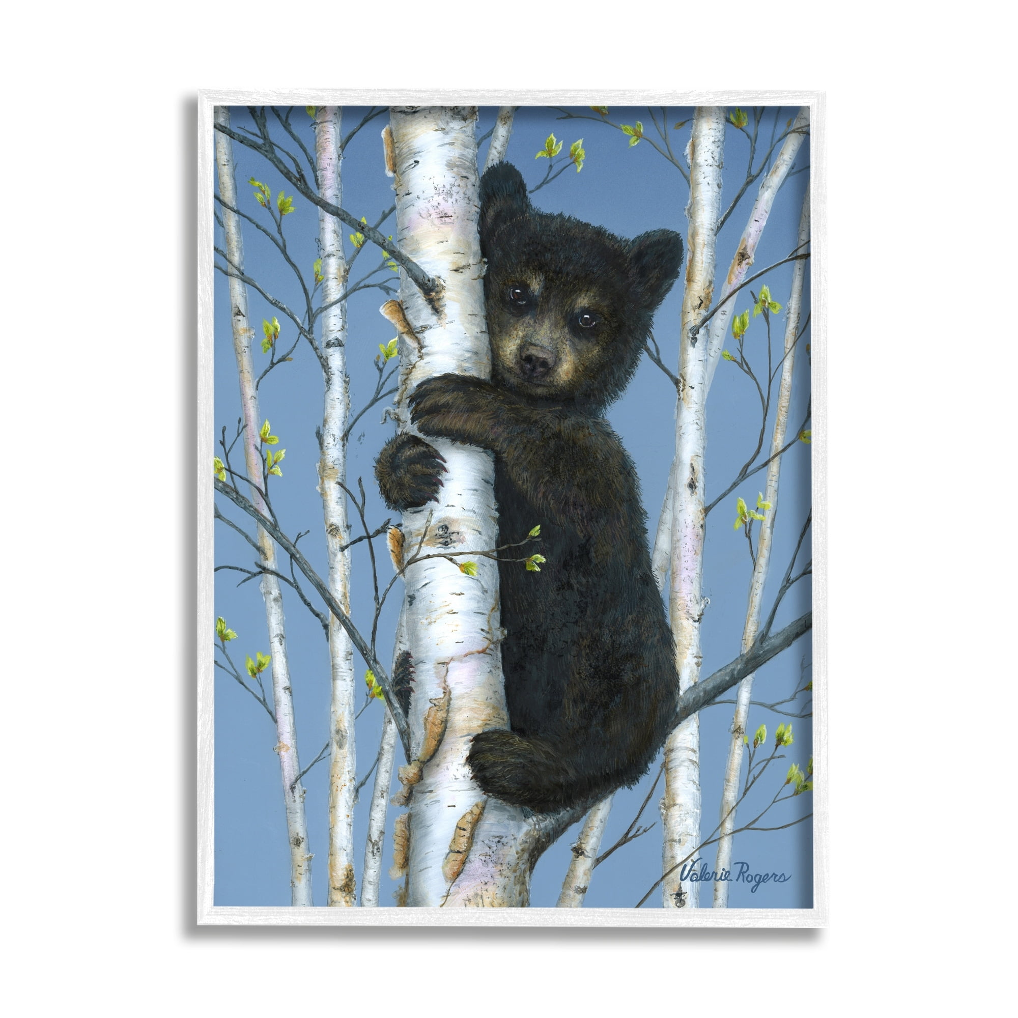 Stupell Industries Bear Cub Climbing Birch Tree Animals & Insects Painting White Framed Art Print Wall Art