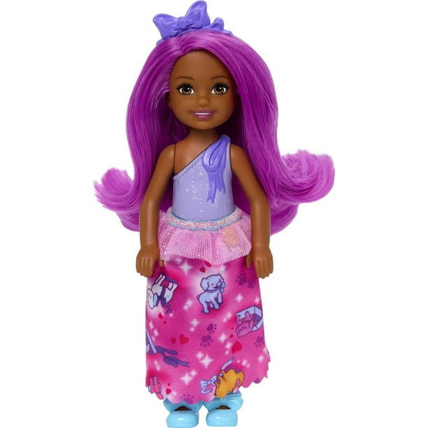 Barbie Dreamtopia Chelsea Royal Doll with Pink Hair, Purple Bow Headband & Colorful Skirt, Small Doll Bends at Waist