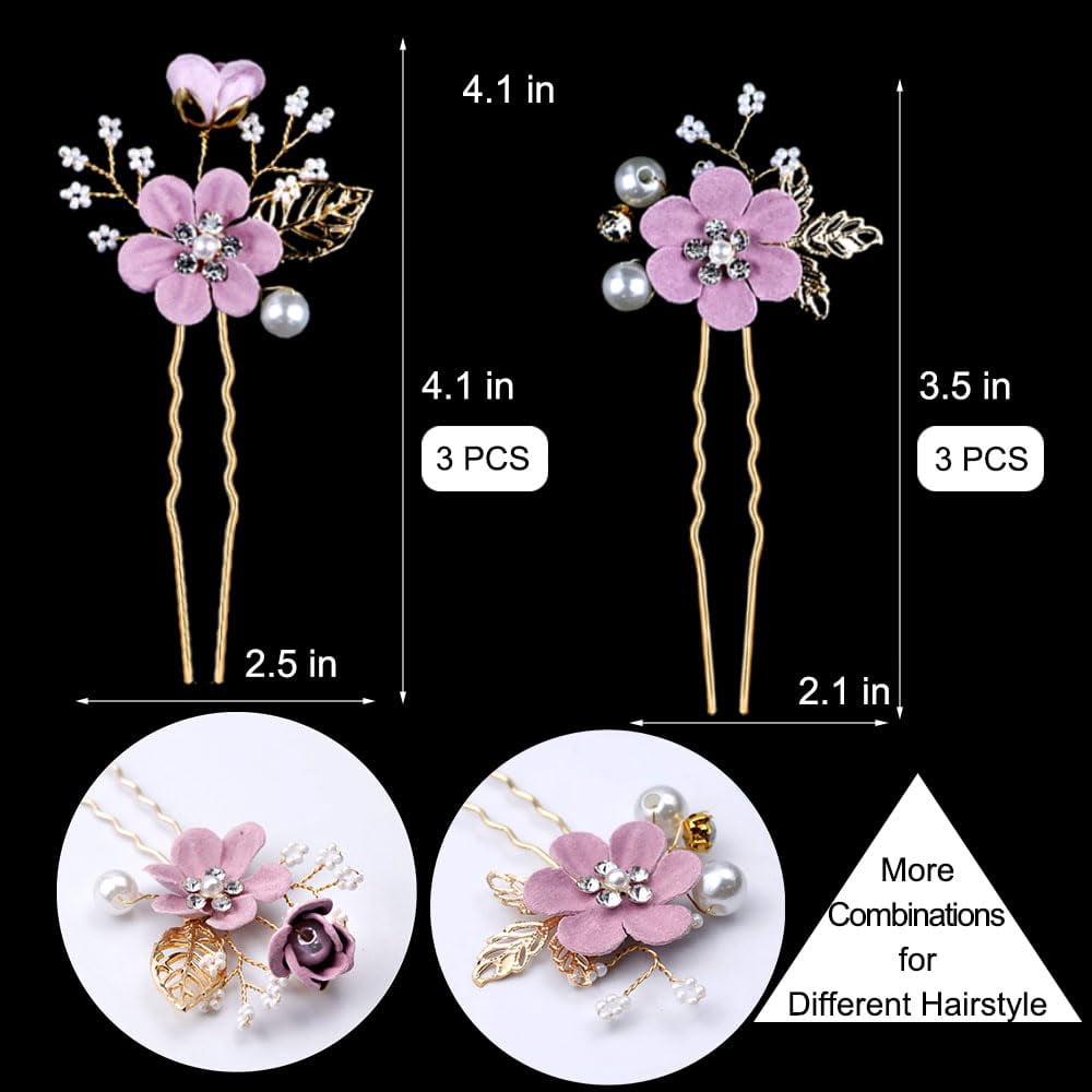 6 Pcs Bridal Flower Wedding Hair Pins Crystal Pearl Hair Pins Clips Headpiece Gold Wedding Hair Accessories Jewelry with Rhinestone for Brides Bridesmaids Women Girls Updo (Romantic Lilac Purple)