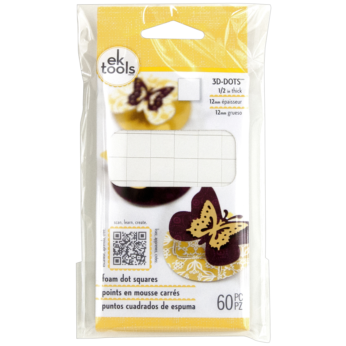 3D Dots Foam Dot Adhesive White Squares, .5" Thick, 60pk