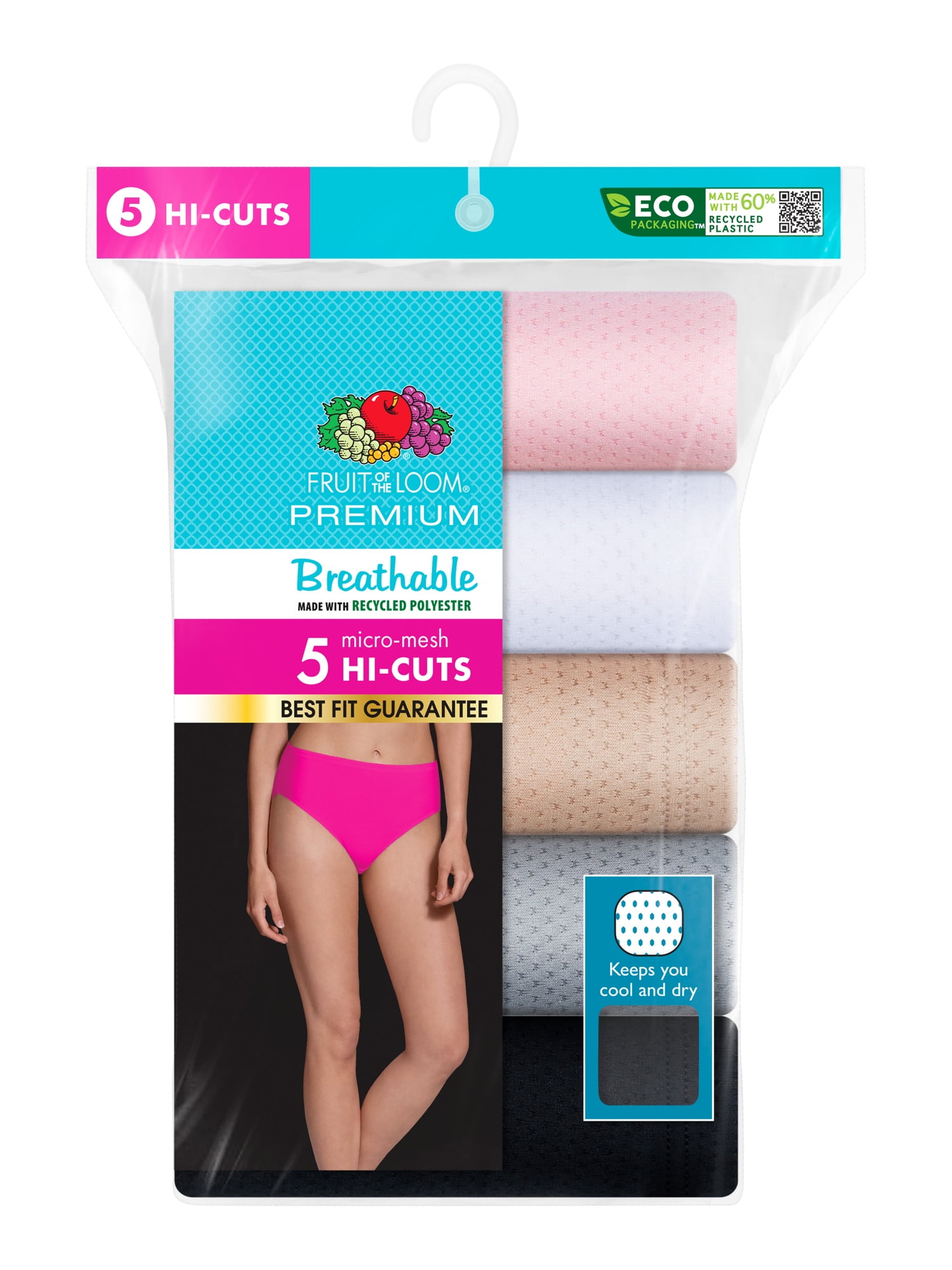 Fruit of the Loom Women's Premium Breathable Micro-Mesh Hi-Cut Panty, 5  Pack, Sizes 6-10 