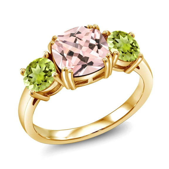 Gem Stone King 18K Yellow Gold Plated Silver Peach Nano Morganite and Green Peridot 3 Stone Engagement Ring for Women (3.10 Cttw, Gemstone October Birthstone, Cushion 8MM, Size 6)