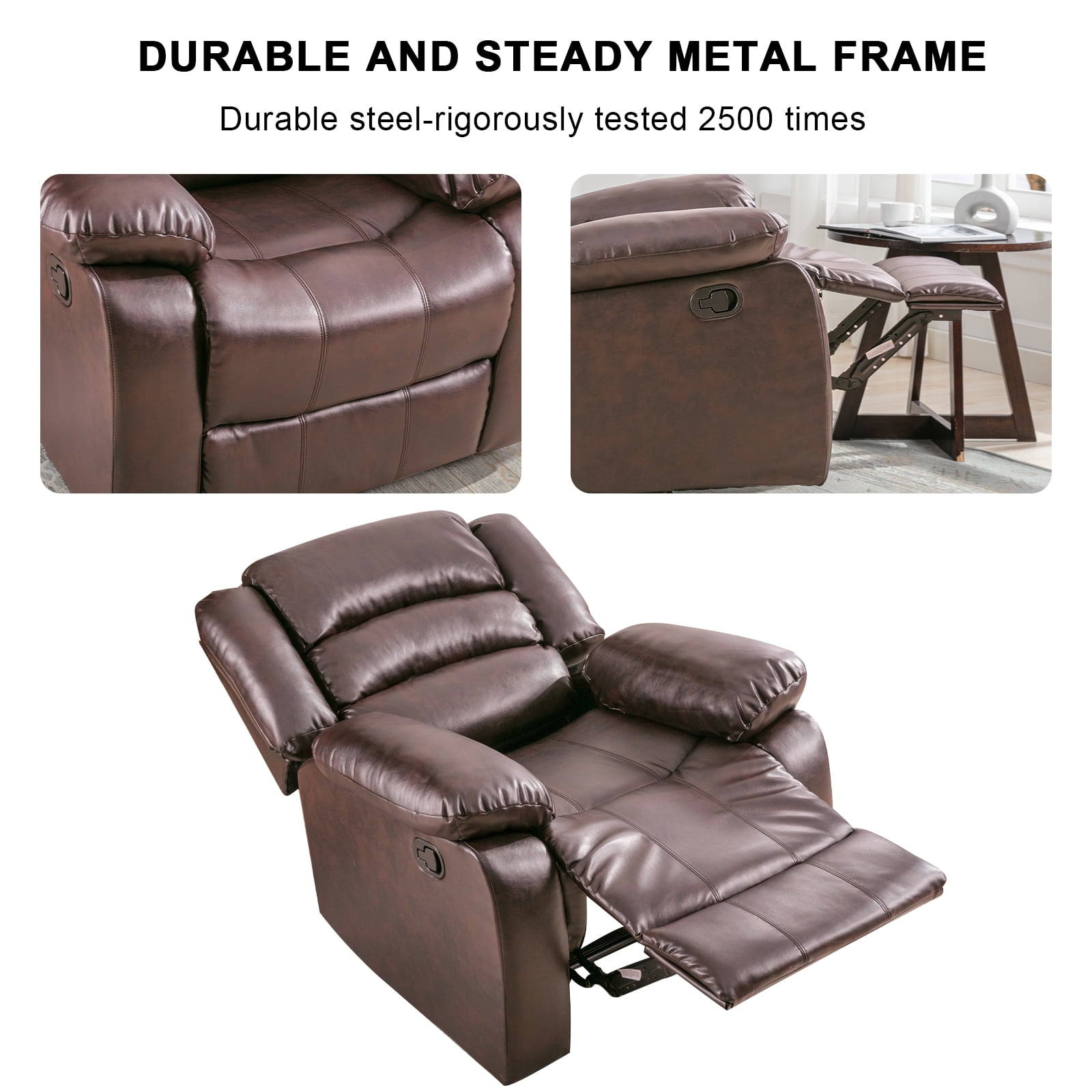 Bonzy Home Recliner Comfortable Arms and Back Faux Leather Single Reclining Modern Chair Sofa for Living Room Bedroom, Brown