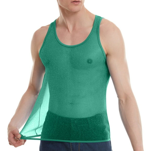 pstuiky Camisetas sin mangas para hombre, Camiseta deportiva de verano para hombre, sin mangas, brillante, transparente, con forma de I, color liso, cuello redondo, sin mangas xl