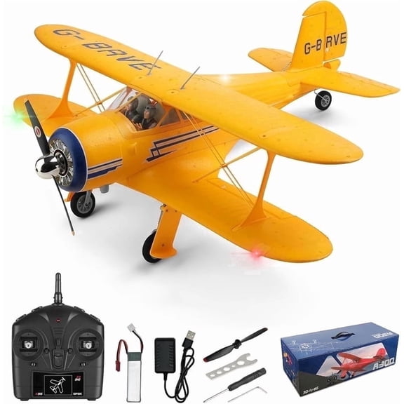 Bruce&Shark RC Plane WLtoys A300 4-Ch, Beechcraft D-17 RC Airplanes with Lights, 6G/3D Brushless RC Planes with 2 Batteries, 2.4G Remote Control RC Airplanes Gifts for Adults