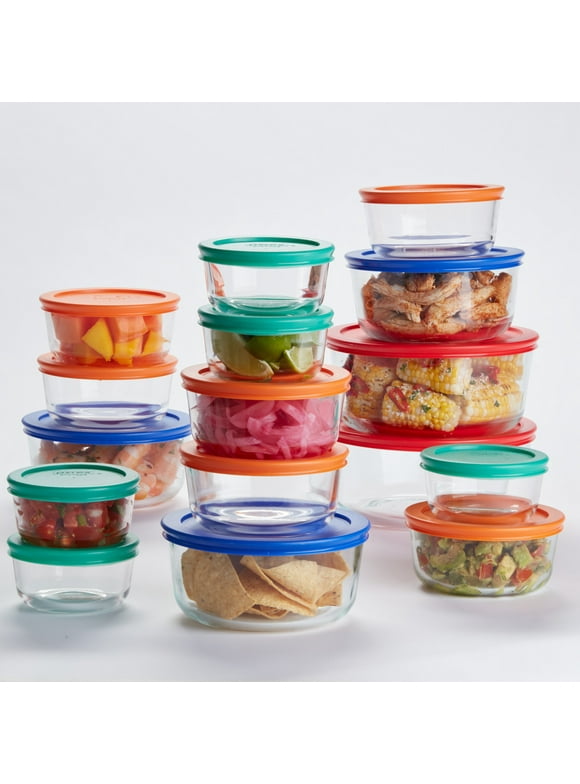 Pyrex Simply Store Glass Food Storage & Bake Container Set, 32 Piece with Multicolor Lids