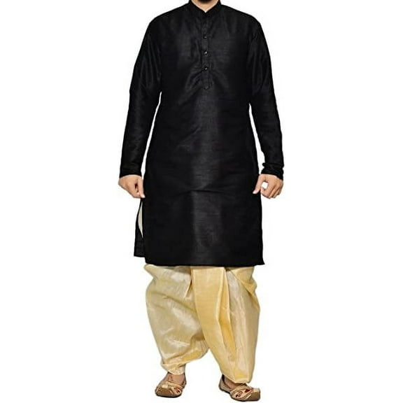 Royal Men's Festive Art Silk Blend Dhoti Kurta Set_Black