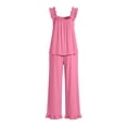 thumbnail image 6 of Elvqul Loose Fit Sleeveless Square Neck Knit Fabric Long Pants Ruffled Hem Side Pockets Pajama Set Sleepwear Loungewear Ruffled Hem Pjs Flutter Strap Pjs Ruffle Detail Pajamas, 6 of 8