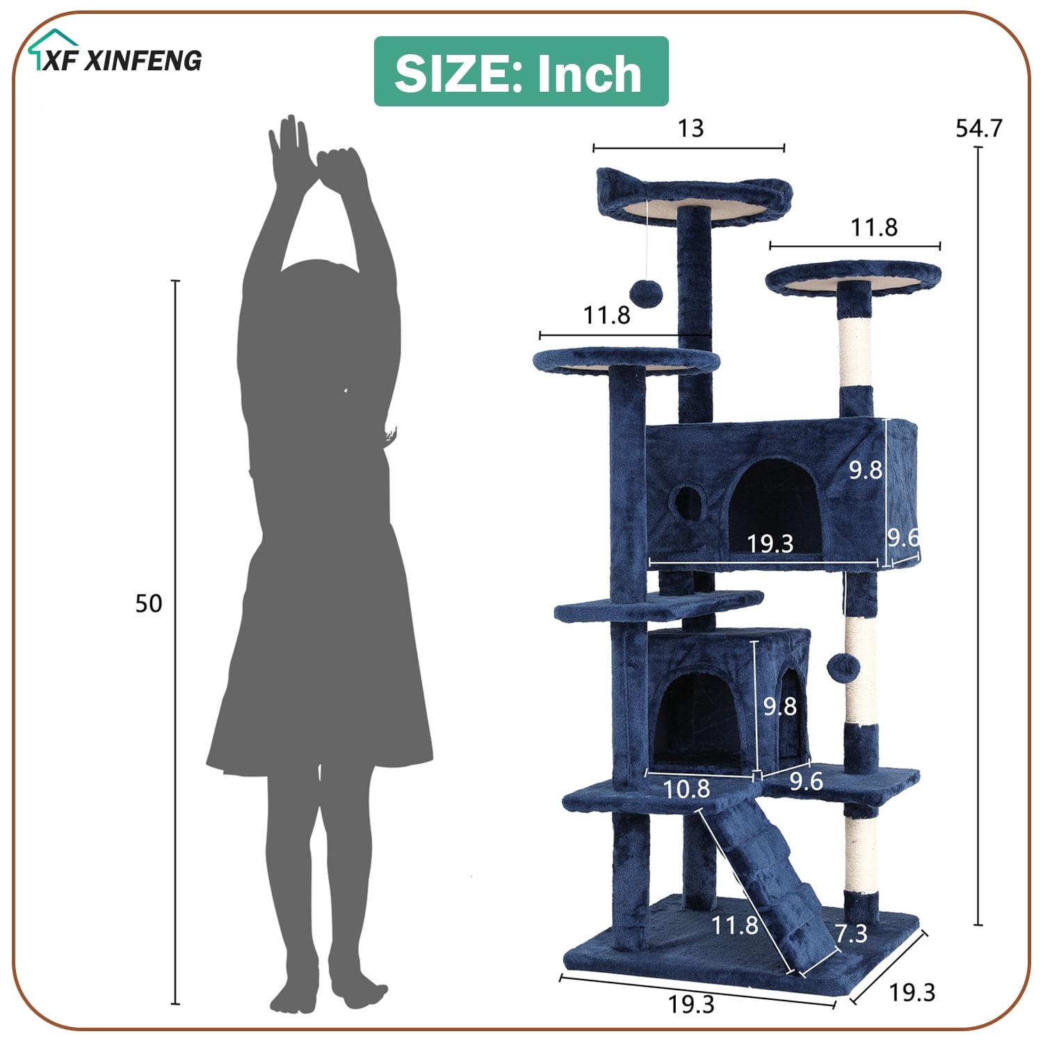 XF XINFENG 54in Cat Tree Tower Playhouse Multi-Level Pet/Cat Cozy Condo Furniture for Indoor Cats with Scratching Posts Stand House, Navy Blue