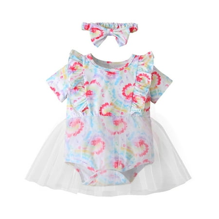 

Baozhu Infant Baby Girl s Summer Short Sleeve Tie-dye Romper Jumpsuit Dress Headband Outfits (0-18 Months)