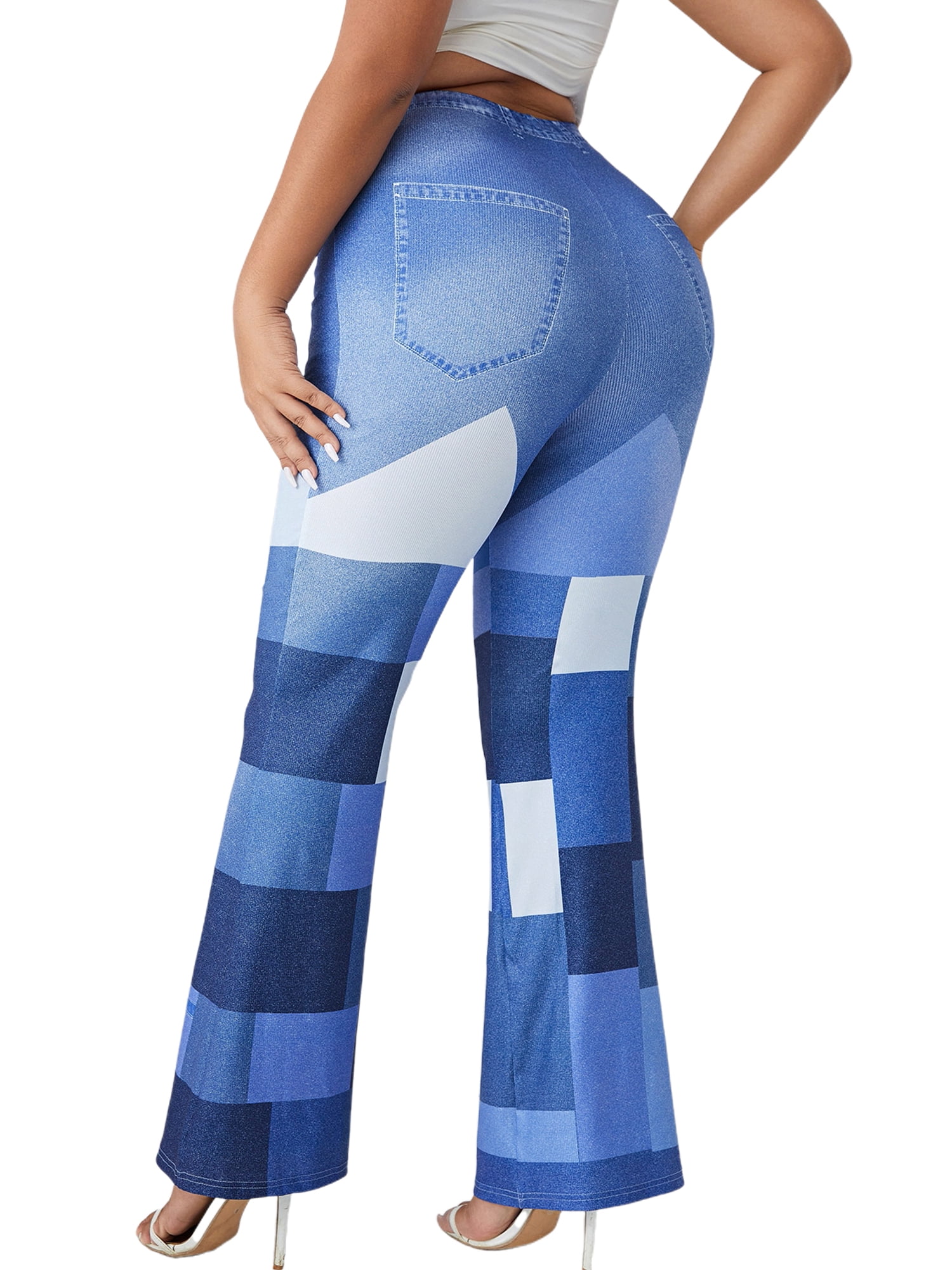 Daeful Ladies Faux Denim Flare Pants Elastic Waisted Plus Size Leggings  Wide Leg Fake Jeans Yoga Breathable Full Length Colorblock Trousers Blue  2XL 