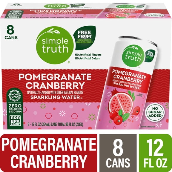 Simple Truth Canned Pomegranate Cranberry Sparkling Seltzer Water, 12 fl oz Cans, 8 Pack, Refreshing Naturally Flavored Beverage, Zero Calories, Caffeine Free