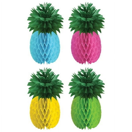 UPC: 0013051726140 | Amscan Luau Honeycomb Pineapple Centerpieces Pink/Green/Yellow/Blue 4/Pack (290058)