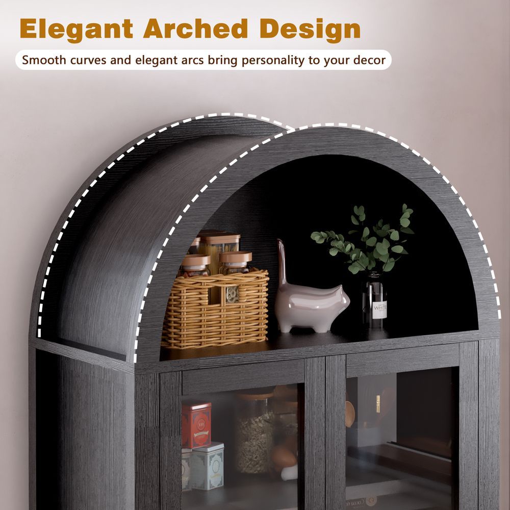 MIDOQIN  71" Tall Arched Bookcase, Farmhouse Display Cabinet with Adjustable Shelves, Hidden Drawer & Glass Door Bookshelf
