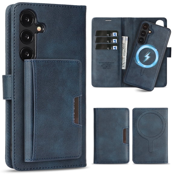 3-in-1 Premium PU Leather Wallet Folio Flip Case for Samsung Galaxy S26, Detachable Magnetic Back Cover with Card Slots Kickstand Full Body Protection Rugged Case, Blue