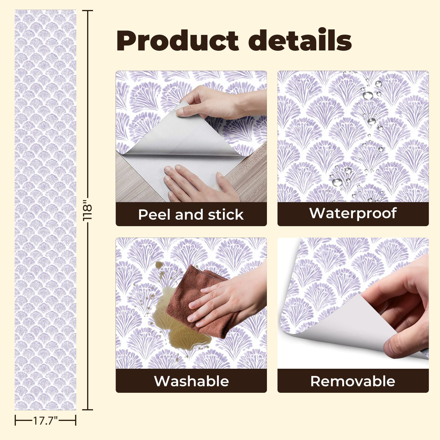 Peel and Stick Wallpaper Lavender Watercolor Art Deco Fan White Wall Mural 17.7in x 9.8ft Self Adhesive Removable Wall Paper Renter Friendly Wallpaper for Nursery Bedroom Cabinets