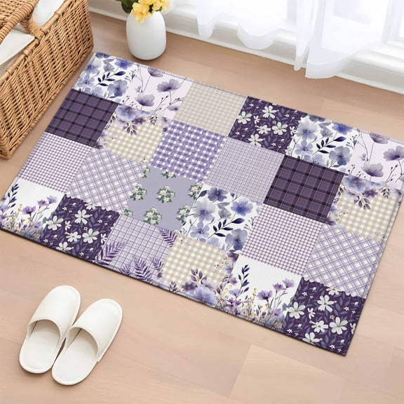 Rectangle Area Rugs 2 x 3 Ft, Spring Floral Non-Slip Residential Carpet, Dark Purple Flowers Patchwork Grid Bohemia Indoor Crawling Mats Runner Rugs for Living Room/Dining Room/Bedroom