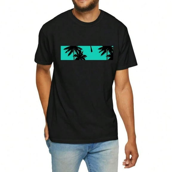Best Sellers! [Summer Atmosphere] Men's Casual Palm Tree Pattern T-Shirt - 100% Cotton, Short Sleeve, Crew Neck, Black With Teal Accessories | Ideal For Summer Outings And Sports, Sports T-Shirts | S