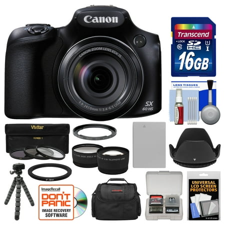 Canon PowerShot SX60 HS Wi-Fi Digital Camera with 16GB Card + Case + Battery + Flex Tripod + Filters + Tele/Wide Lens Kit