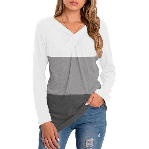 Women T-Shirt V Neck Color 2 4 3 Block Top Long Sleeve Slim Casual Blouse, White, L